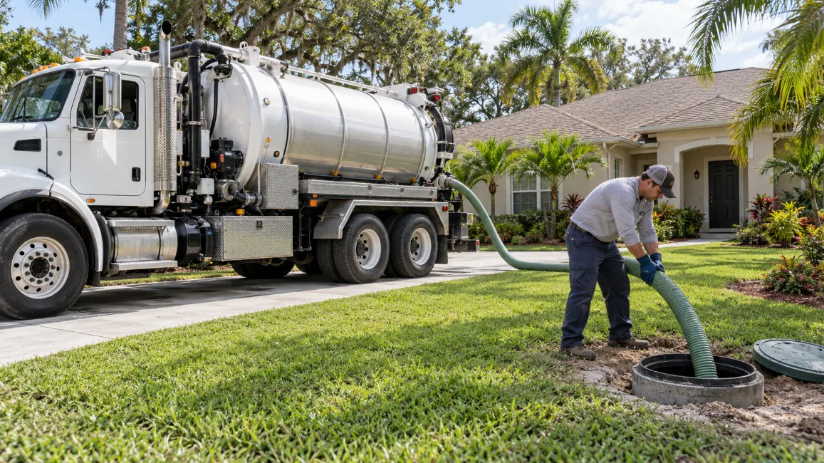 Illustration of a septic service truck at a residential property